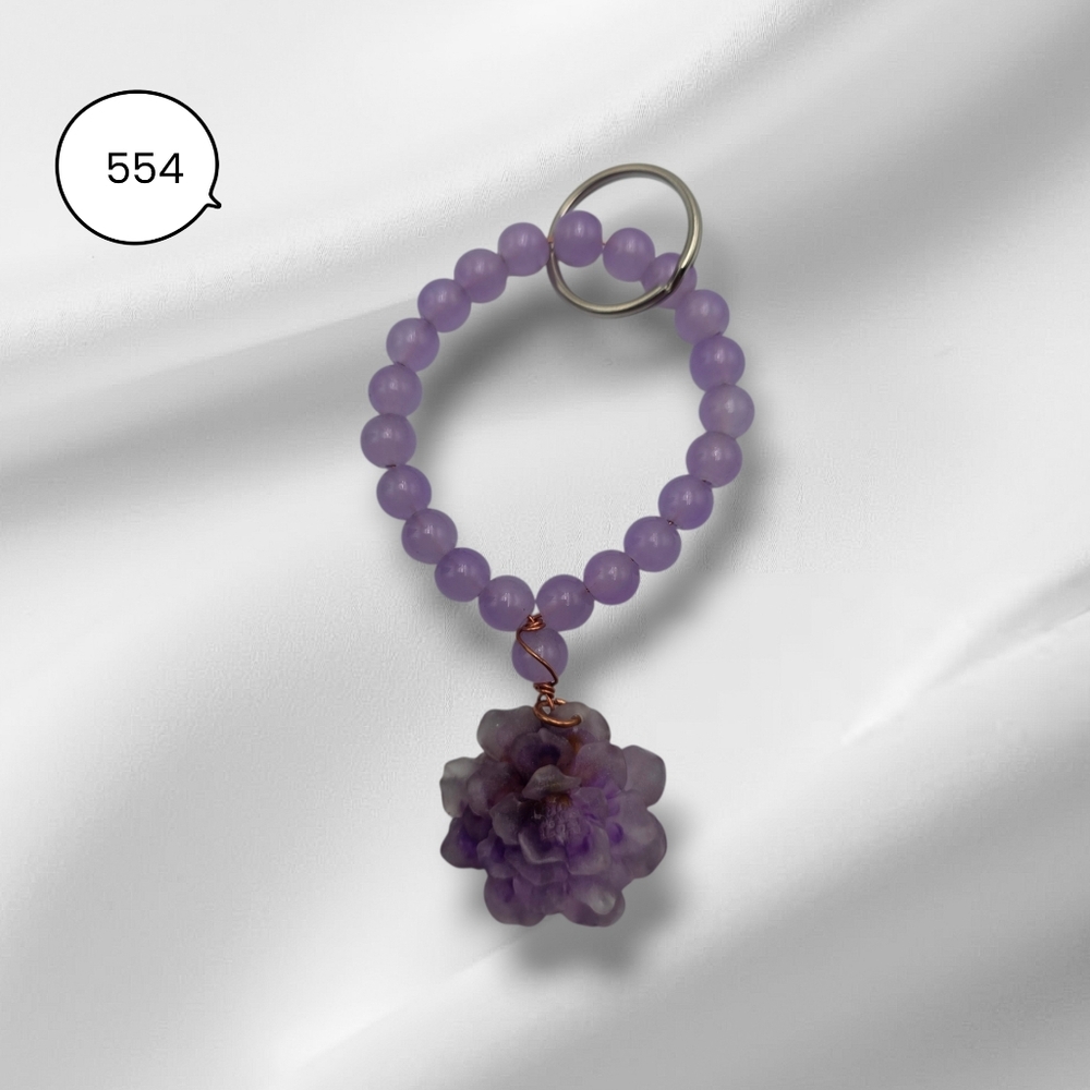 Purple Beaded Keychain with Carved Flower Charm – Handmade Accessory